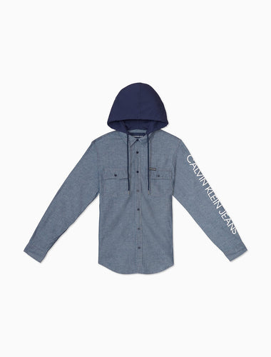 CK INDIGO CHAMBRAY LOGO HOODED SHIRT - Naughty Panda Outlet