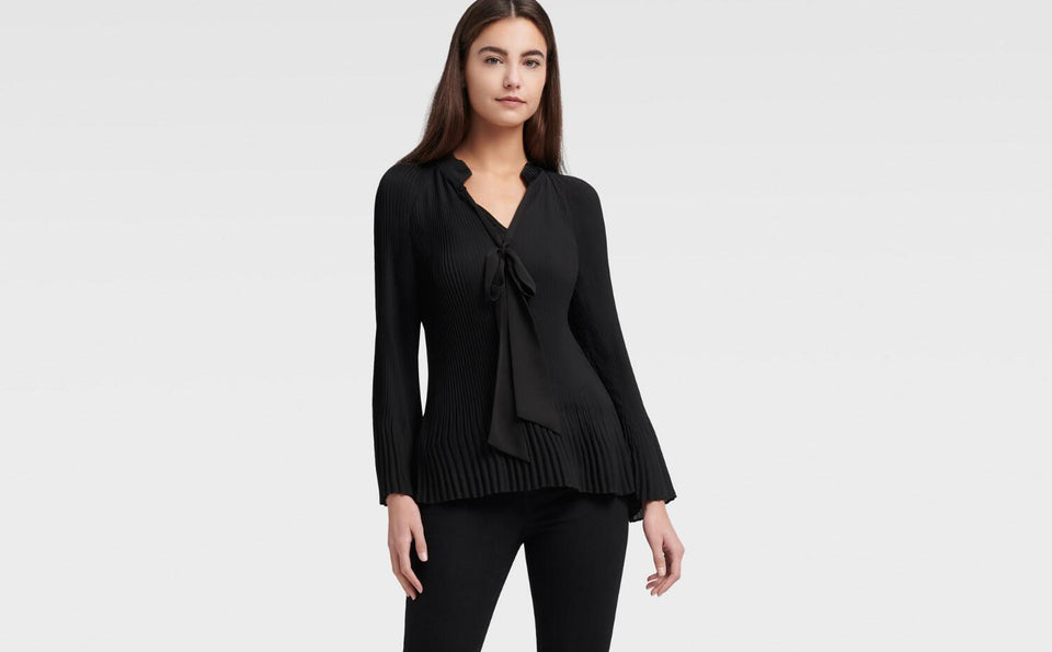 DKNY LONG SLEEVE PLEATED TOP WITH TIE NECK - Naughty Panda Outlet